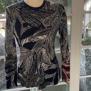 Navy, Blue and Pink Leaf Print Cotton Sweater